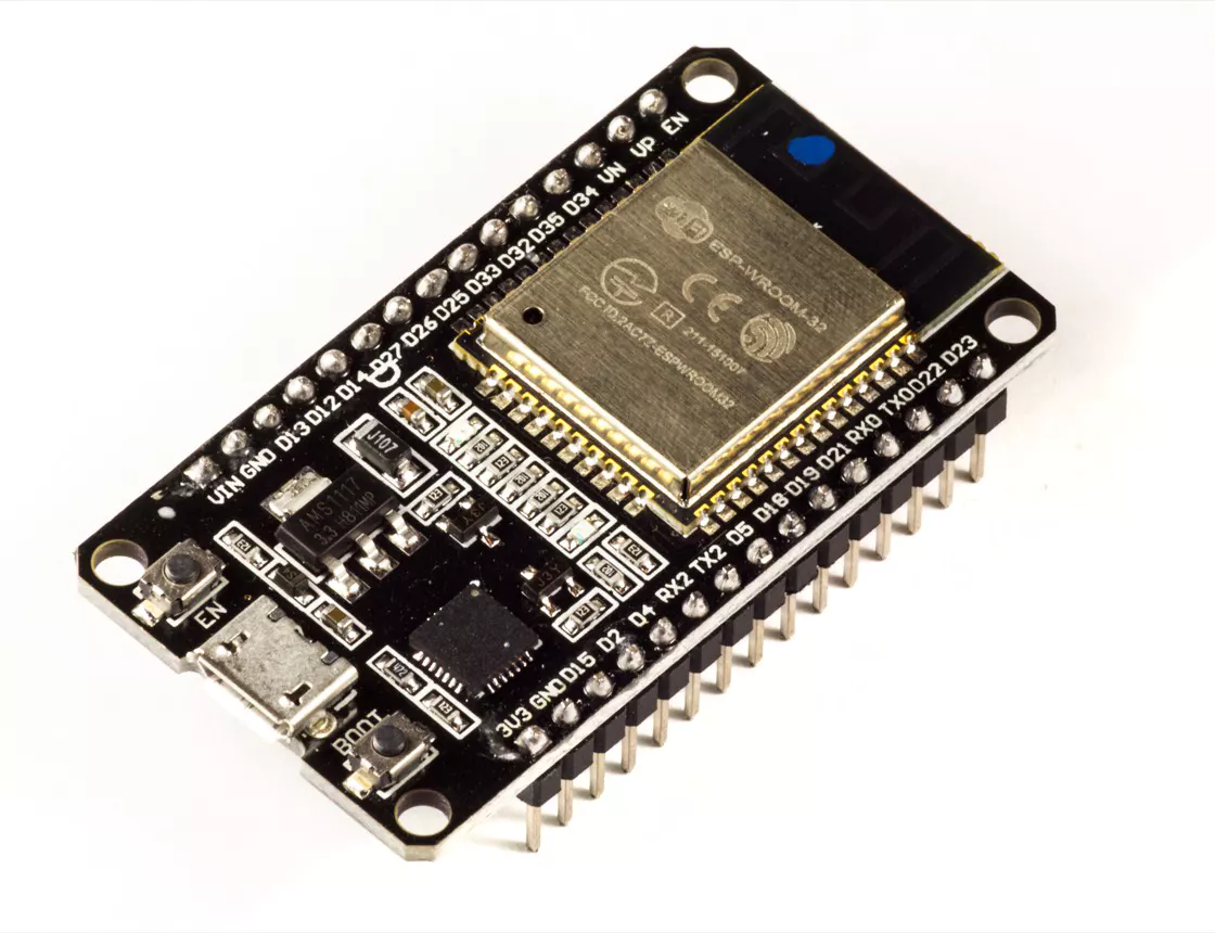 An ESP32 ESP-WROOM-32 development board, the kind of Wi-Fi microcontroller that sends readings to a Project.